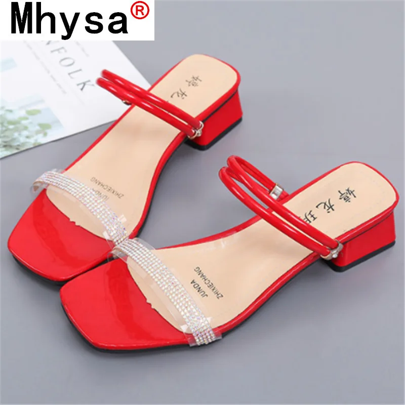 

2021 New Women's Sandals Fashion Pu Leather Set Foot Mid Heel Sandals Outdoor Comfortable Open Toe Rhinestone Summer Women Shoes