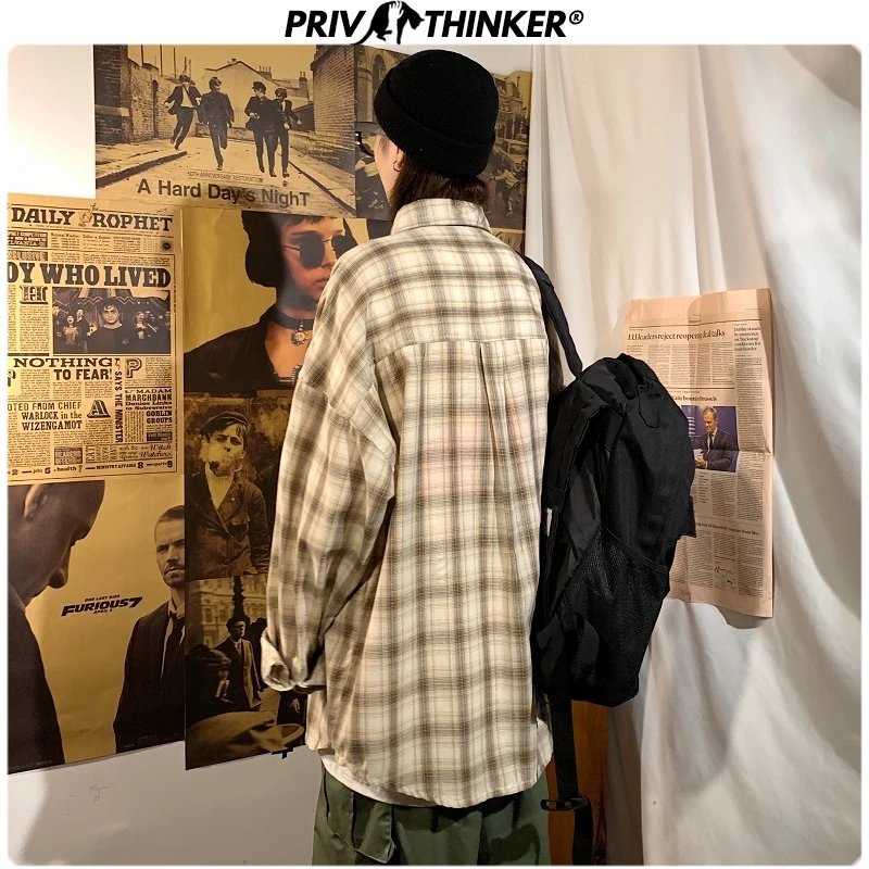 Privathinker Men Spring Long Sleeve Plaid Shirt Mens Office Korean Loose Shirts Male Fashion Harajuku Clothing New Teen 2020 | Мужская