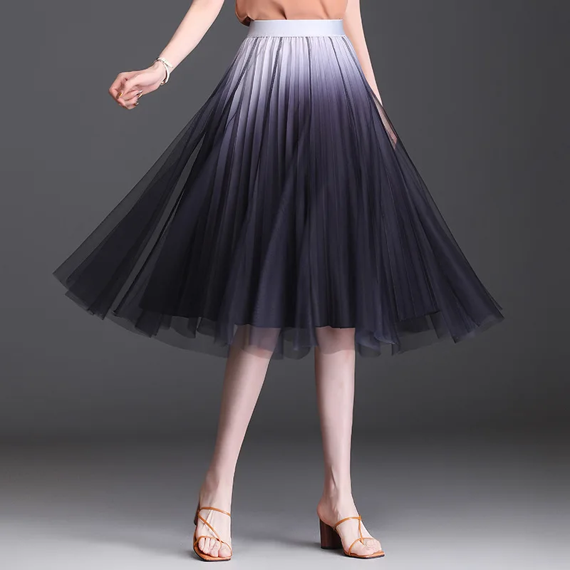 

Fashion Gradient Color Mesh Pleated Skirts Women Summer 2021 New Elegant Korean Loose Big Swing High Waist Mid-long Skirt 5025