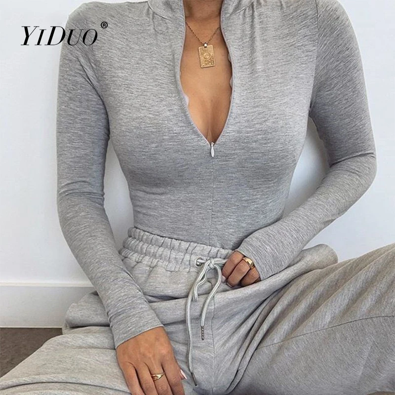 

YiDuo Long Sleeve Front Zipper V Neck Women Sexy Body Top Jumpsuit 2021 Spring Stretchy Casual Bodysuit Streetwear Black Grey