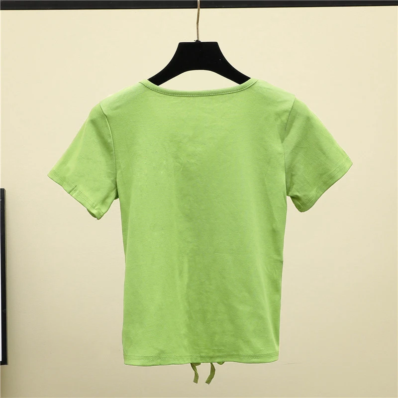 

Avocado Green Short-Sleeved T-shirt for Women 2019 New Summer Slim Fit V-neck Drawstring High Waist Navel Short Slimming Top