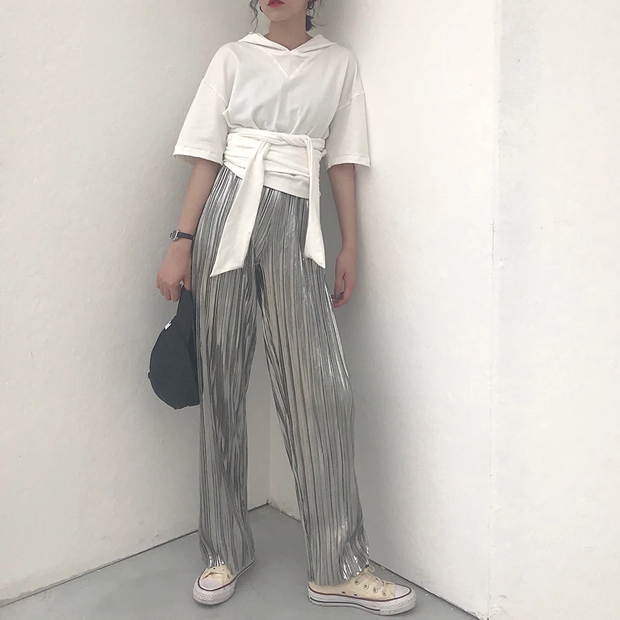 Модные бронзовые серебряные брюки для женщин Harajuku эластичные летние широкие брюки уличная одежда с высокой талией плиссированные брюки для женщин