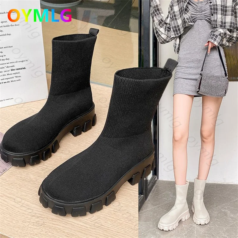 

2021 new style flying knit socks with thick bottom high top casual sneakers shoes large size women's shoes four seasons shoes