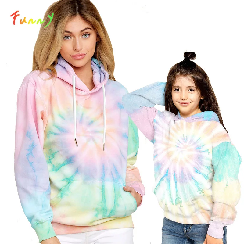 

Family Matching Tie Dye Hoodies 2021 Casual Autumn Winter Long Sleeve Hooded Sweatshirt Mother and Daughter Clothes Pullover Top