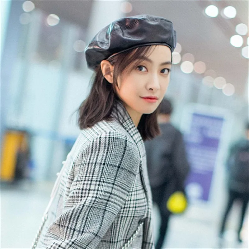 Song Qian Airport street shot same style hat for girls Korean beret PU leather black octagonal fashion painter | Аксессуары для