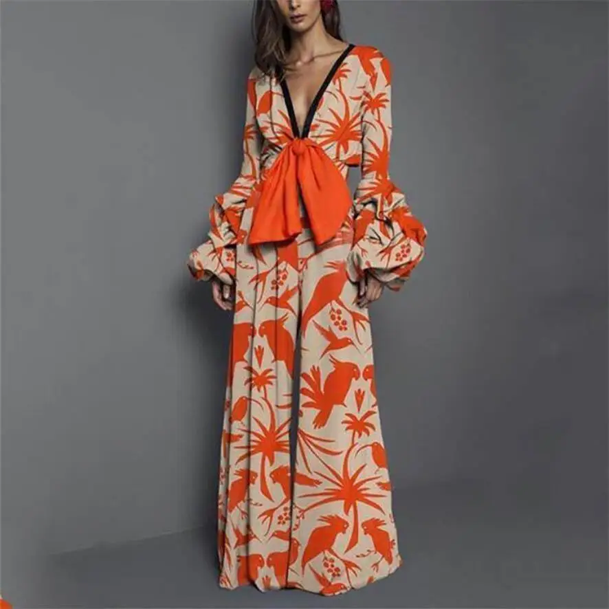 

2021 Stylish Middle East Dress Ruffles Long Sleeve Print Jumpsuit Boho Beach Streetwear Party Club Casual Gowns Elegant Dresses