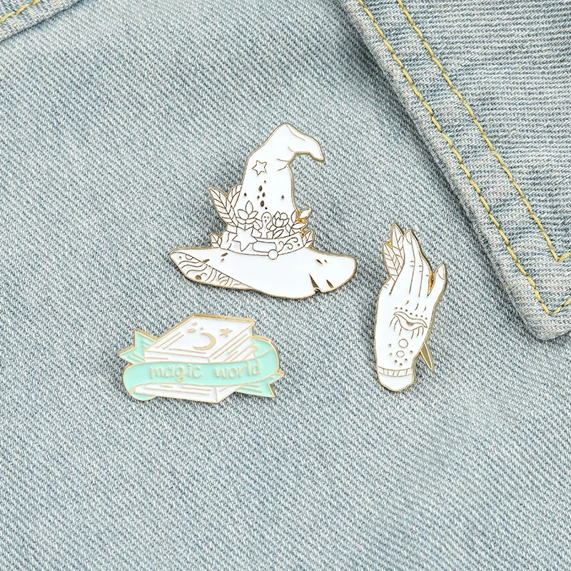 

Punk Jewelry Gothic Magic World Enamel Pins Custom Witch Book Hat Hand Brooches Shirt Lapel Badge Bag Wizard Jewelry Gift for