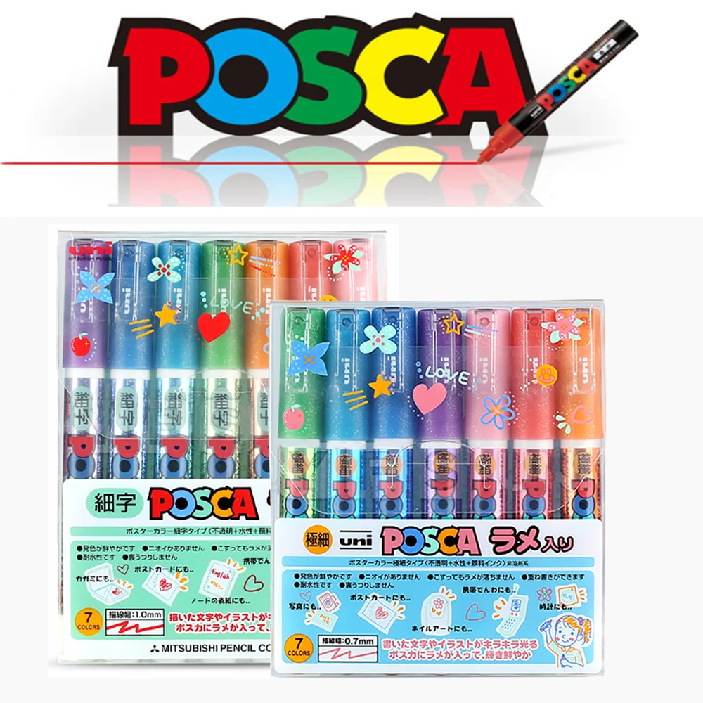 New Japan Uni Marker Set 7 Fluorescent Color POSCA Series POP Poster Advertising Pens Are Not Easy To Smudge Bright Colorsb