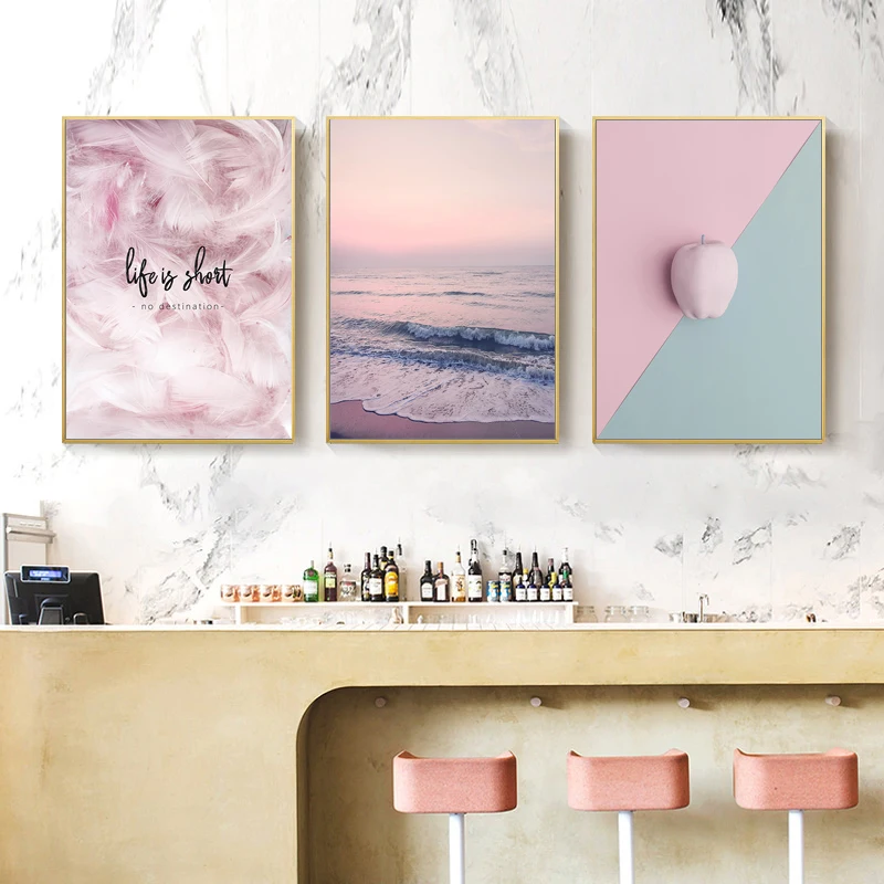 

Pink Feather Wall Art Pictures Landscape Sea Canvas Painting Prints Poster for Living Room Nordic Girl Bedroom Home Decoration