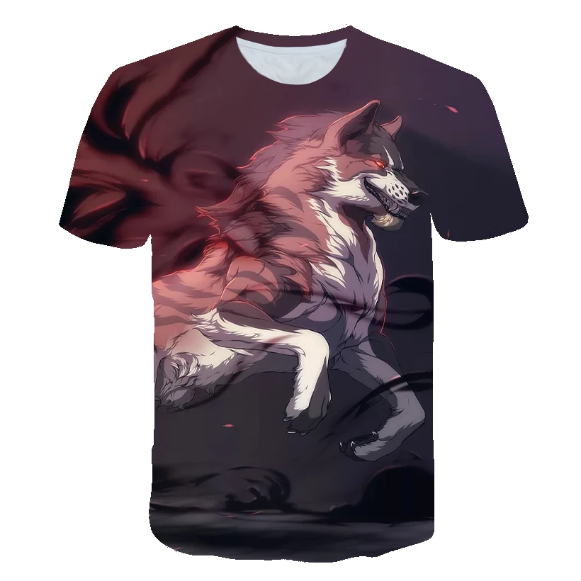 

Fierce Wolf Print T-Shirt Cool Boy Shirt Summer Girl Short-Sleeved Casual Round Neck Children's Clothing 2021 New Products