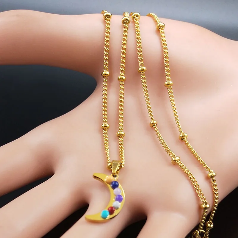 Чакры из натурального камня ожерелья нержавеющей стали луна чо ku Рей амулет для
