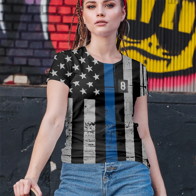 

American Flag Print Women's T-shirt Skull Trend Mosaic Summer T-shirt Independence Day Holiday Women's T-shirt