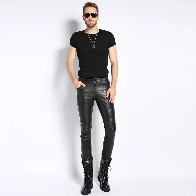 

Genuine Leather Male Pants 2020 Autumn Korean Fashion Biker Casual Soft Slim Full Length Pant Straight High Street Trouser Man