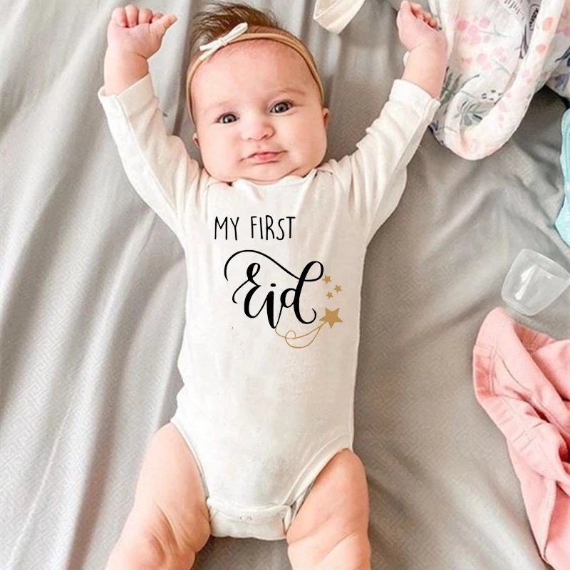 

My First Eid Print Newborn Infant Cotton Clothes Islamic Muslim Baby Jumpsuits Boys Girls Long Sleeve Bodysuits Ramadan Outfits
