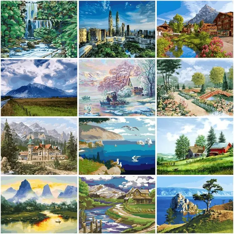 

CHENISTORY Coloring By Number Lake Kits Home Decor Oil Painting Mountain Landscape Drawing On Canvas Handpainted Tree Art Gift D