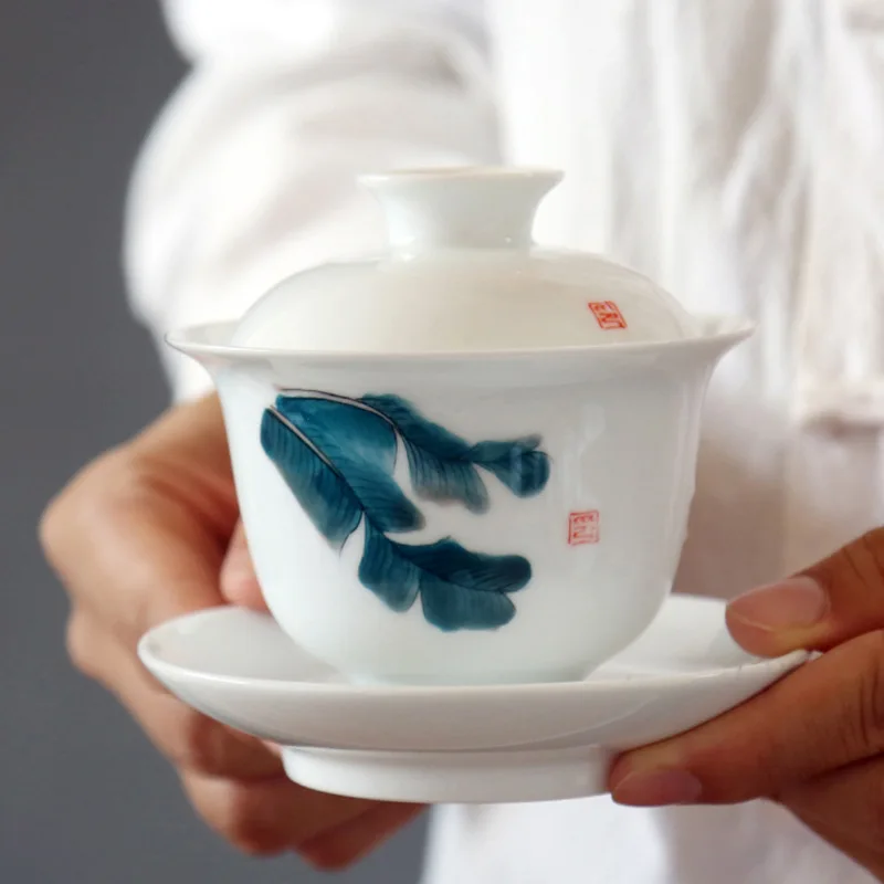 

Hand-Painted Three-Force Cover Bowl Large Handmade Ceramic Tea Bowl Ceramic Whiteware Chinese Kung Fu Tea Set Tea Cup Gaiwan