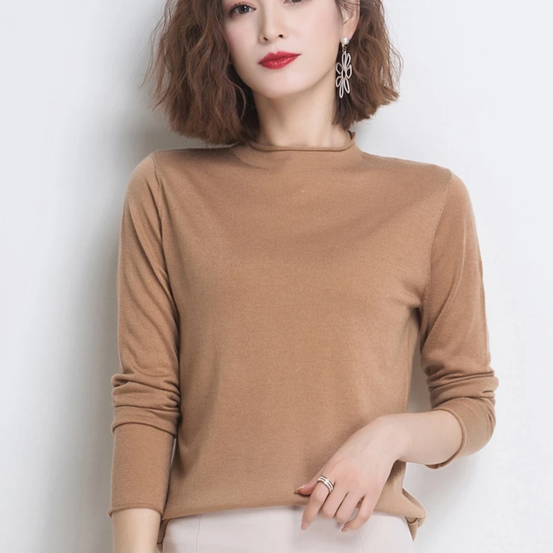 

Autumn Winter Women Sweater Knitted Long Sleeve Half High Collar Pullovers Lady Loose Tops Vintage Office Sweaters Spring Female