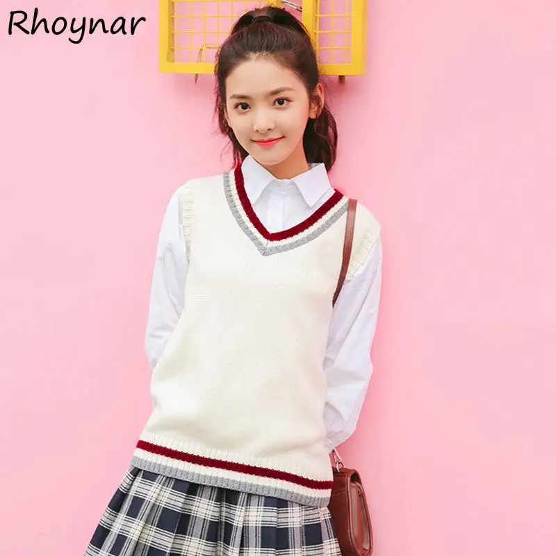 

Sweater Vests Women Sleeveless Elegant Knitted Loose Leisure All-match College Fashion 4 Colors New Female Korean Style Panelled