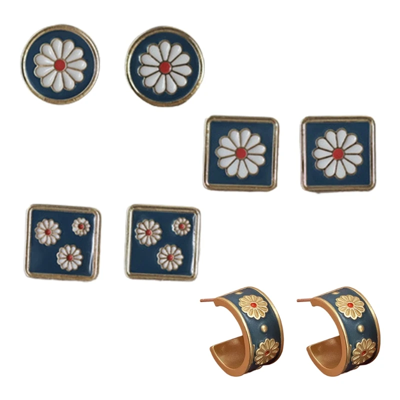 

1 Pair Women Fashion Jewelry Birthday Gifts Vintage Enamel Flower Daisy Earrings Square/Round Ear Studs