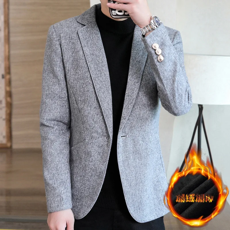 2021 Men's Fleece-Lined Thickened Woolen blazer Youth New Autumn and Winter Solid Color | Мужская одежда