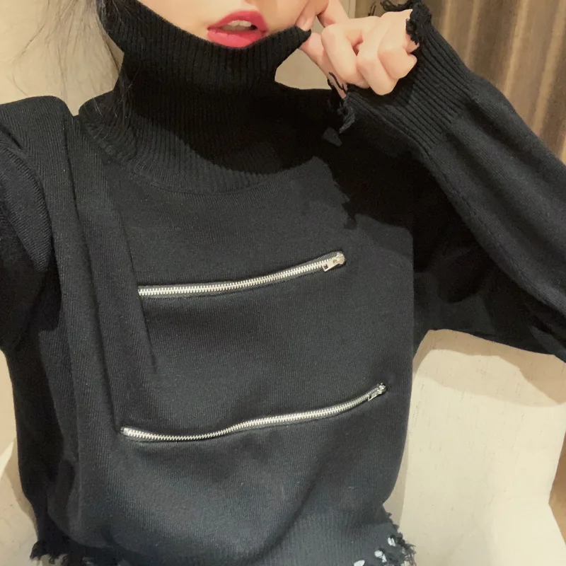 

2020 new Fashion knitted turtleneck sweater women Bottoming zipper Long sleeve irregular Short tops Leisure Loose Friends gifts
