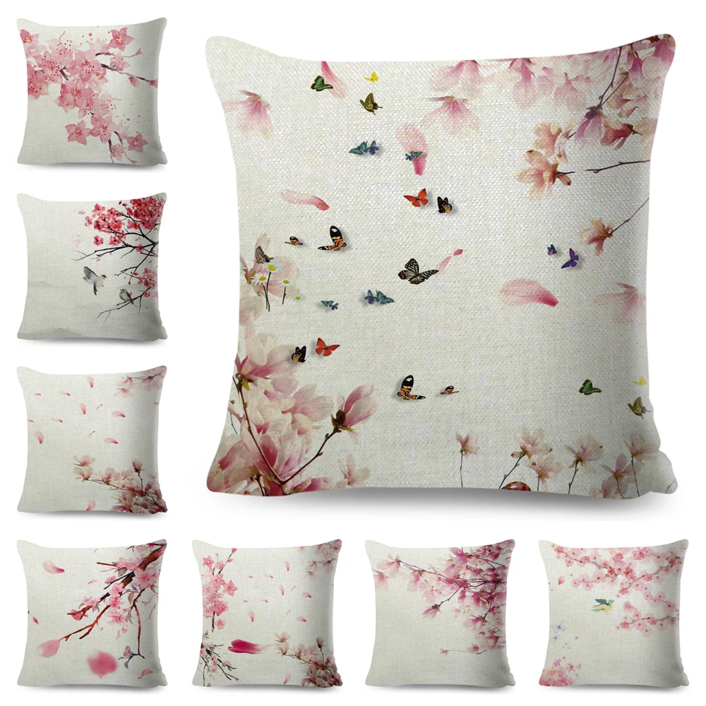 

Watercolor Pink Peach Blossom Cushion Cover Decor Cartoon Plant Tree Linen Pillowcase for Sofa Home Car Polyester 쿠션커버 45x45cm