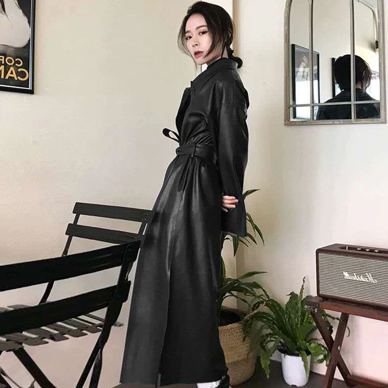 Autumn Long Women Pu Leather Jackets Turn Down Collar Female Faux Leather Trench Coats with Pockets Single Breasted Belt Jackets images - 6