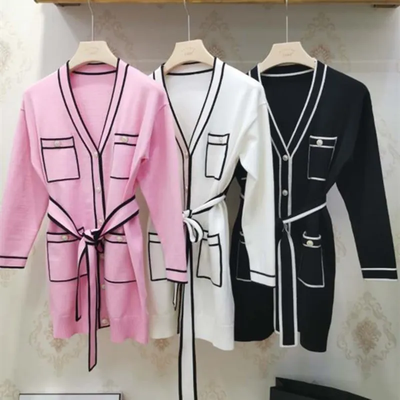 

Premium Knitted V-neck Cardigan Dress with Belt for Woman 2021 Spring Autumn Designer Luxury Female Clothing