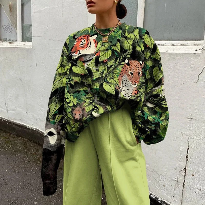 

Women Sweatshirts Streetwear 2021 Casual Animals Printing Long Sleeve Hoodies Elegant Crewneck Oversized Pullover Clothes Femme