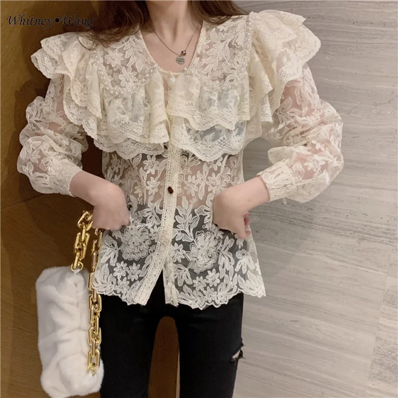 

Fashion Streetwear Tshirt Women Sweet Shirt Lady New Tee Top 2021 Spring Ruffles Peter Pan Collar Sexy See Through Lace T-Shirt