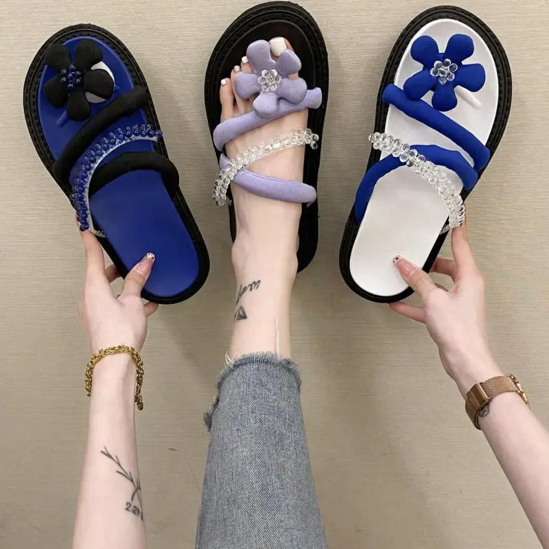 2021 New Summer Women Air Flower Dewdrop Slippers Flat Bottom Open Toe Slippers Female Casual Thick Sole Outdoor Beach Slides