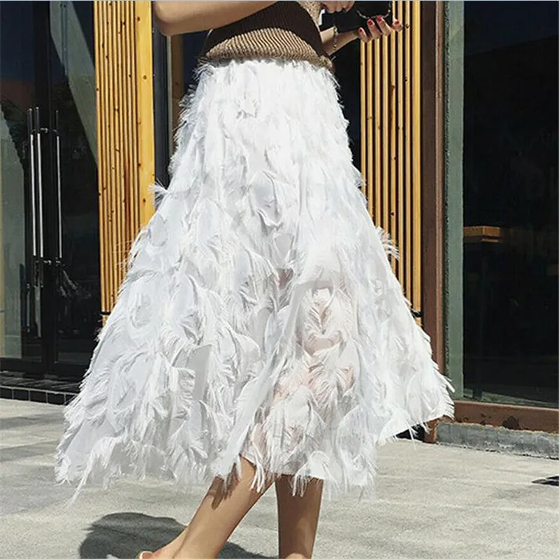 Women Tutu Tassel Skirts New Solid Elastic High Waist Maxi Skirt Female Feather Princess Bouffant Long Ladies' Underskirt |