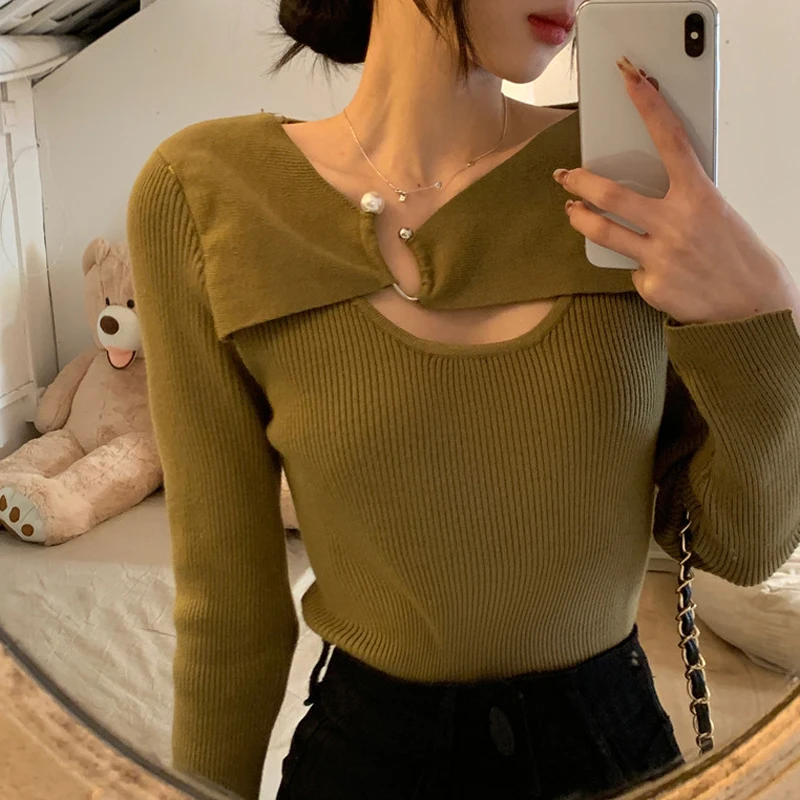 

Knit Sweater Women's Spring And Autumn New Design Sense Pearl Buckle Hollow Carefully Long-Sleeved Slim Bottoming Shirt Top