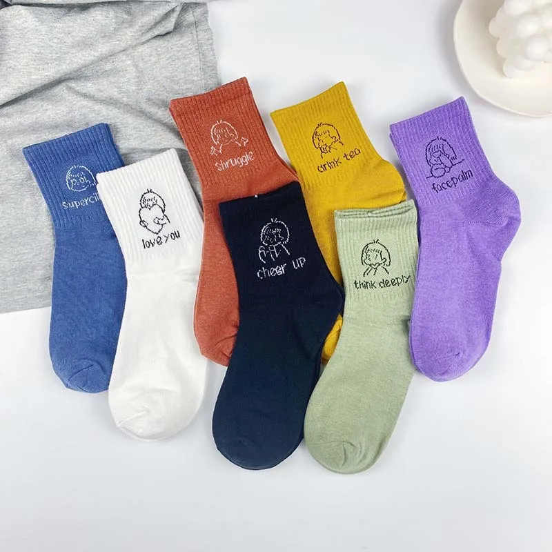 

Japanese Cartoon Harajuku Funny Socks Abstract Letter Cute Socks Women 7 Color College Sokken Skarpetki Calcetines Divertidos