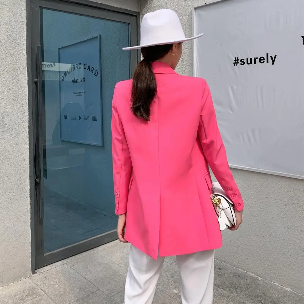 

Office Lady Women's Blazers New 2020 Autumn Double Breasted Female Jackets Notched High Waist Pockets Tops Outwear