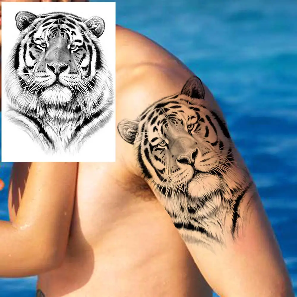Tribal Lion King Temporary Tattoo Stickers For Men Cool Black Ink Tiger Drawing Waterproof Fake Tattoos Body Art Large Tattoo