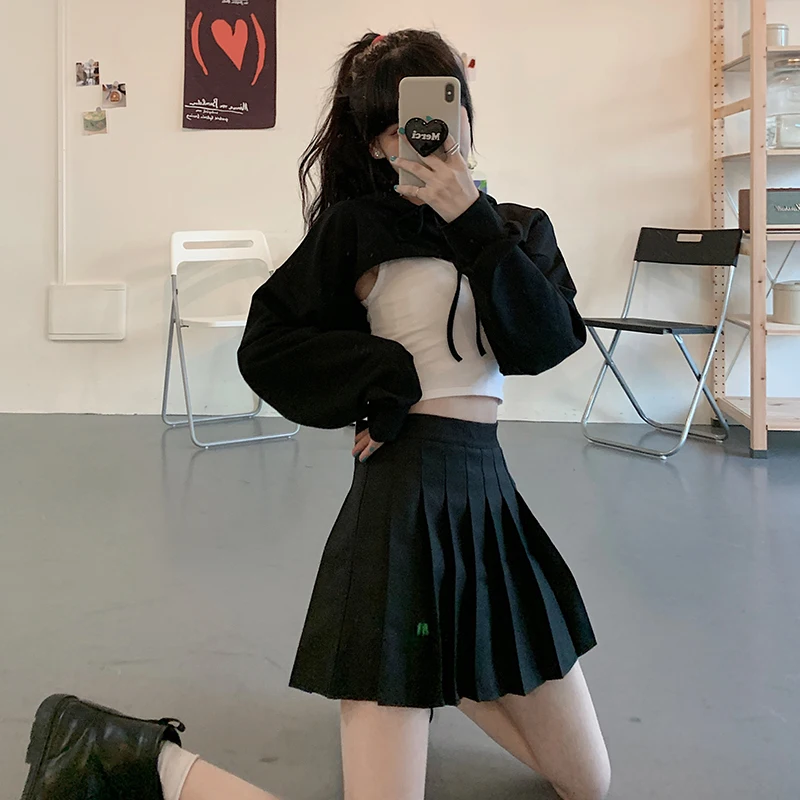 

Hoodies Womens Harajuku Crop Tops Patchwork Stylish Popular Women Kpop Sweatshirt Skinny Pullovers Irregular Kawaii Clothes New