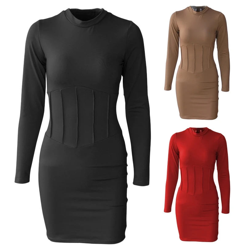 

Women Long Sleeve O-Neck Bodycon Mini Dress Solid Color Ruched Striped High Waist Sexy Package Hip Basic Party Clubwear