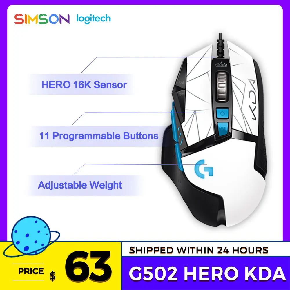 

Logitech G502 Hero KDA Wired Gaming Mouse 25K Optics Sensor 25600 DPI LOL Ergonomic Game Mice High Precision Support Laptop