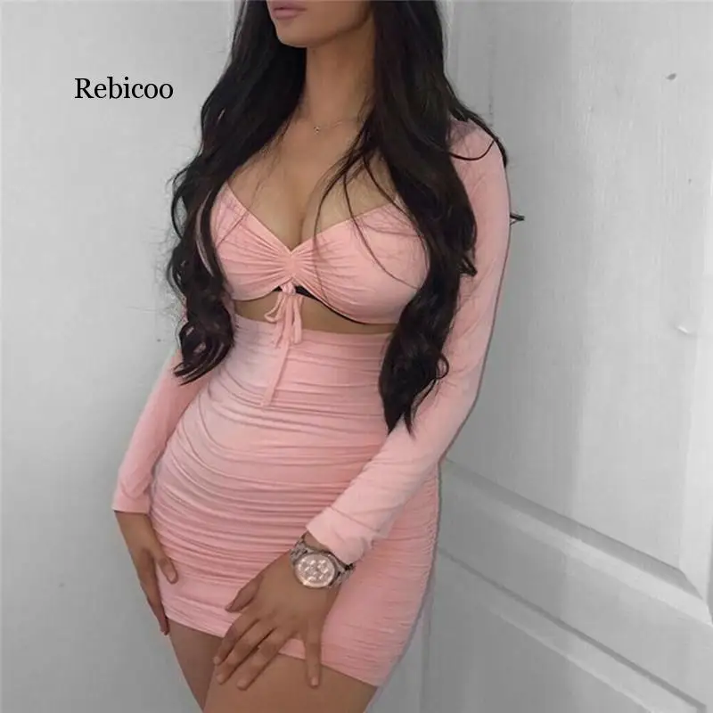 

Женское облегающее платье с длинным рукавом, обтягивающее вечернее платье мини со складками, весна-лето