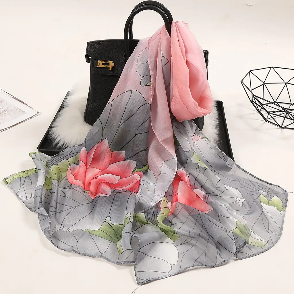 Женский шелковый шарф с цветочным принтом лето 2020 Длинный мягкий шарф-накидка