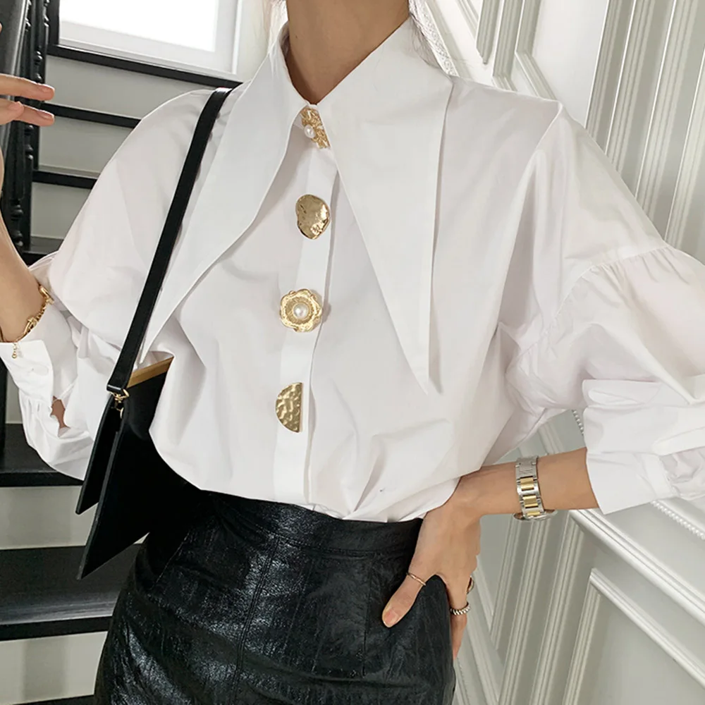 

Korean Fashion Blouse Autumn New 2021 Womens Solid Color Single Breasted Lapel Long Sleeve Puff Sleeve Simplicity Tops