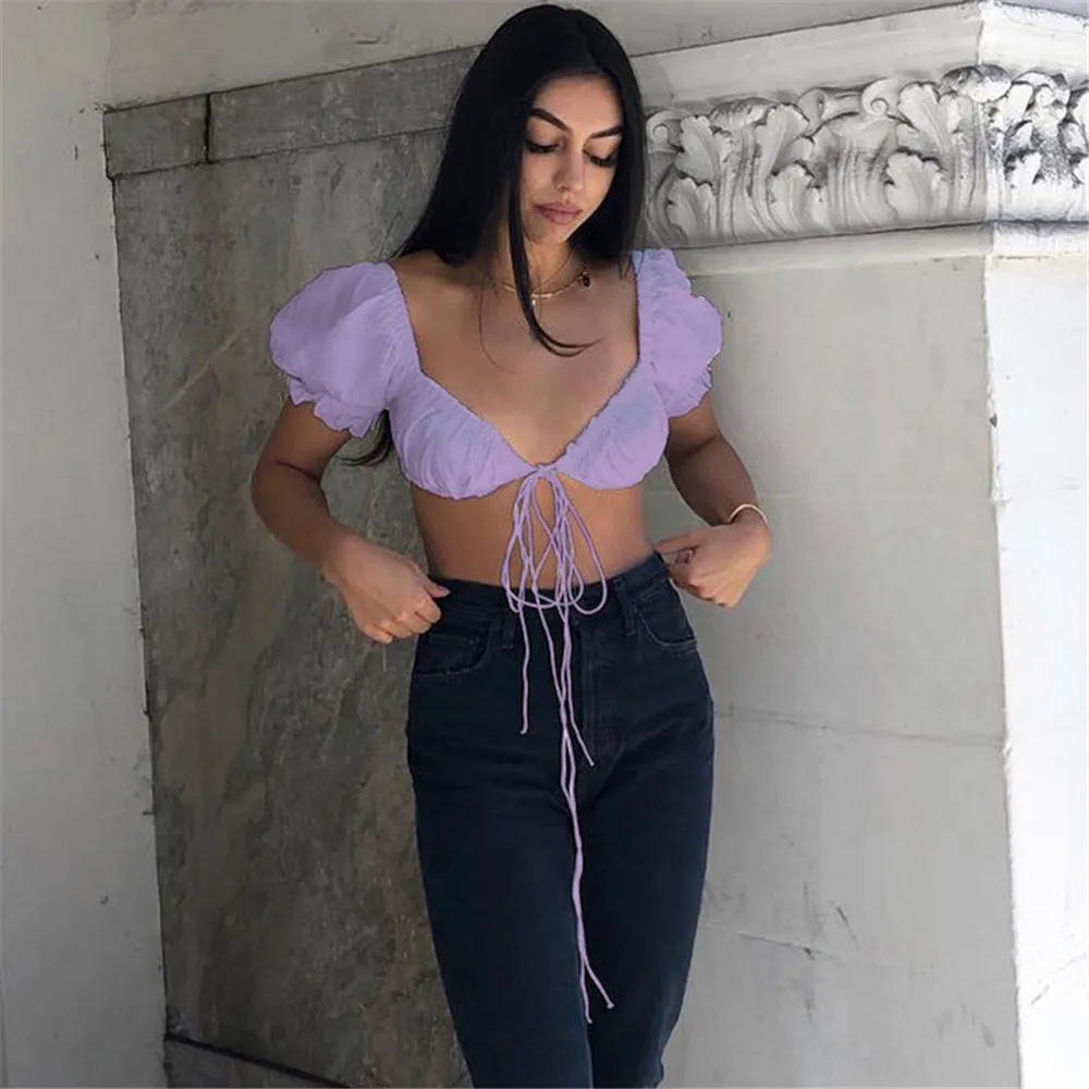 

Women Short Sleeve Square Collar T-shirt Puff Sleeve Drawstring Ruched Front Crop Tops