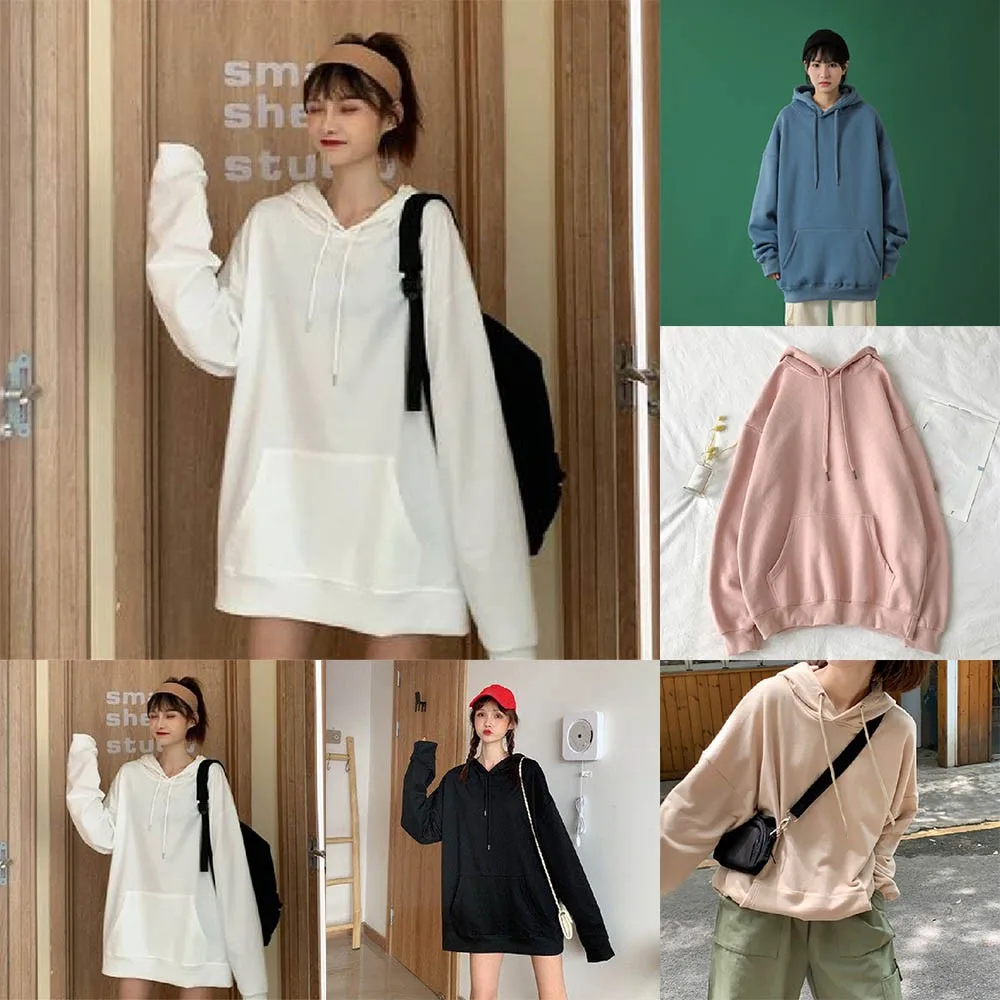 

New Sweatshirts Women Korean Simple Pure Color Student Hoodie Couple Hooded Sweater Tops Long Sleeve Pocket Drawstring Pullover
