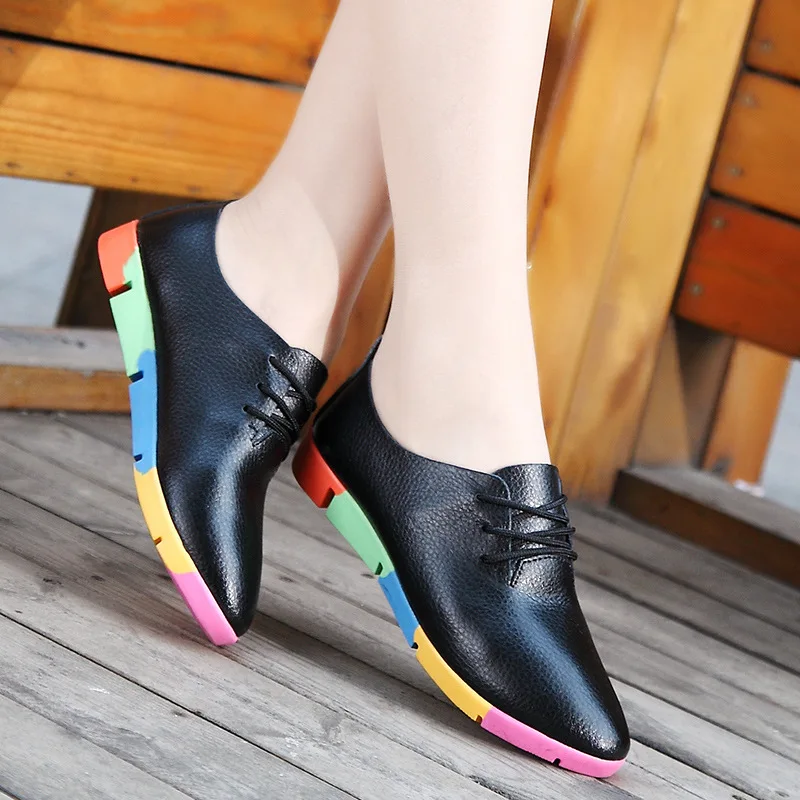 New White Shoe Leather Strap Female Flat Shoes Pointed Deep Soft Bottom Shoes Casual The Spring and Autumn Student Low Oxfords