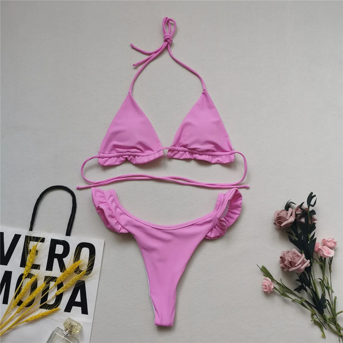 

2021 Sexy Bikini Solid Color Ruffled Bikinis Swimwear Women Female Bathing Swimsuit Brazilian Biquini Beach Wear