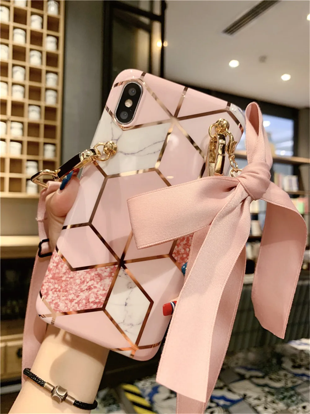 

Bow-knot Long strap crossbody phone case For Samsung Galaxy note10 plus A40/50/A51/70/71 soft case Marble plating texture cover