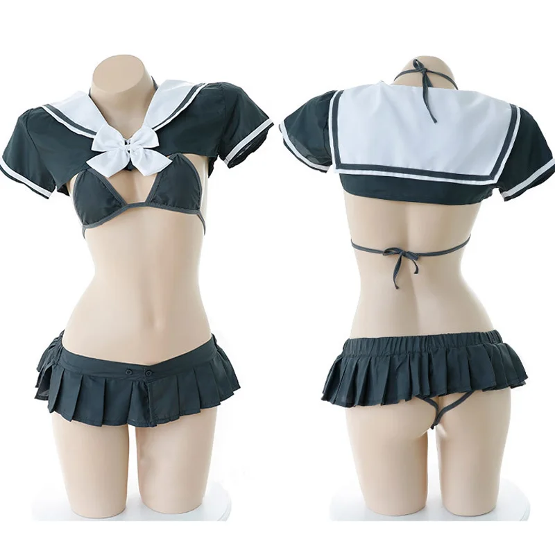 

School Girls Cosplay Bikini Sexy Women's Lingerie Student Outfit 3PCS Set Bra & Panties & Smock Set Bikini Maid Costume