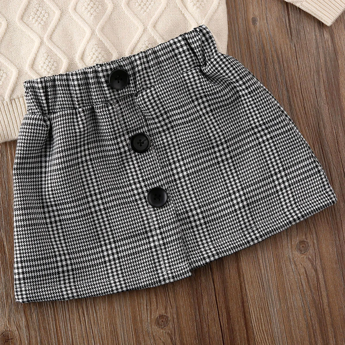 2020 Autumn Winter Kids Baby Girl Clothes Sets Turtleneck Knit Sweater Tops + Plaid Print Mini Skirt Outfit | Детская одежда и