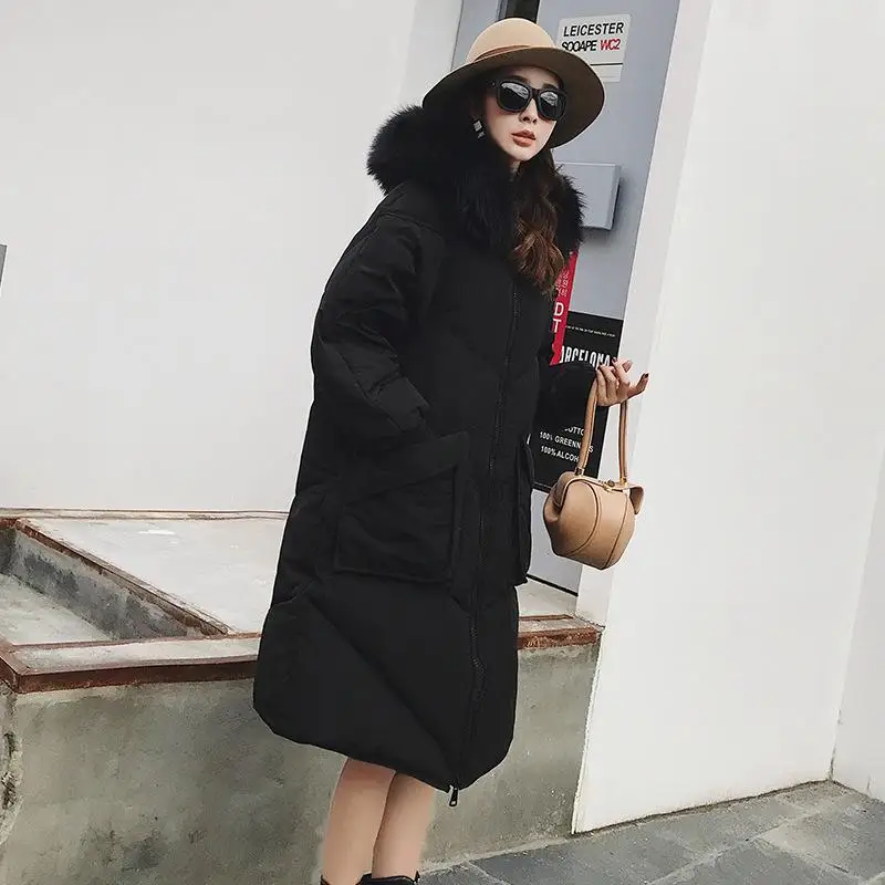 Женский длинный пуховик с большими карманами свободная парка в Корейском стиле